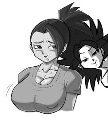 2girls black_hair caulifla cleavage dragon_ball dragon_ball_super earring female female_only huge_breasts kale looking_at_viewer pseudocel shounen_jump tight_fit rating:Questionable score:90 user:VoyeurX