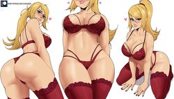 1girls ass beauty_mark big_ass bimbo blonde blonde_hair blue_eyes blush bra breasts cleavage dat_ass echosaber female female_only heart highres kneeling large_breasts lingerie long_hair looking_back metroid multiple_views nintendo panties ponytail red_lingerie red_nail_polish red_stockings samus_aran sideboob smile smiling solo solo_female stockings straight thick_thighs thong tied_hair very_high_resolution white_background rating:Questionable score:731 user:!nner$elf89