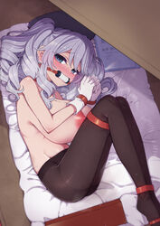 ass bangs beret bit_gag black_legwear blue_eyes blush bondage bound_ankles bound_wrists breasts drill_hair female gag gagged hanauna hat huge_breasts kantai_collection kashima_(kantai_collection) large_breasts looking_at_viewer lying nipples on_side pantyhose silver_hair solo topless twin_drills rating:Explicit score:107 user:cblack99