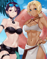 2girls alternate_costume bare_arms bare_midriff bare_shoulders beach belly bikini black_bikini black_choker black_swimsuit blonde_hair blue_eyes blue_sky breasts catherine_(fire_emblem) chocolate_and_vanilla choker cleavage dark-skinned_female dark_skin expressionless eyewear eyewear_on_head female female_only fire_emblem fire_emblem:_three_houses fire_emblem_heroes fit fit_female haru_(nakajou-28) highres hourglass_figure human human_only inner_tube light-skinned_female light_skin looking_at_viewer medium_breasts midriff multiple_girls navel nintendo ponytail purple_eyes purple_hair sarong shamir_nevrand short_hair sky smile smiling stomach strapless strapless_bikini strapless_swimsuit sunglasses sunglasses_on_head sunny swimsuit toned toned_female underboob white_bikini white_swimsuit rating:Questionable score:161 user:kris923