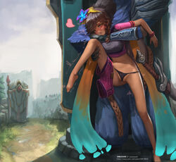 1boy 1girls blush blushing_at_viewer bottomless breasts brown_hair brown_skin clothed clothing duo face_markings faceless_male feet female fondling human league_of_legends male oh-yeeeeeah panties partially_clothed pool_party_series pool_party_taliyah quivering raised_leg realistic riot_games shaking shorts taliyah tongue_out underwear yasuo rating:Explicit score:155 user:Totalcone