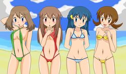 dawn_(pokemon) female human human_only leaf_(pokemon) lyra_(pokemon) may_(pokemon) nintendo no_bandana pokemon pokemon_hgss summer swimsuit rating:Questionable score:54 user:bot