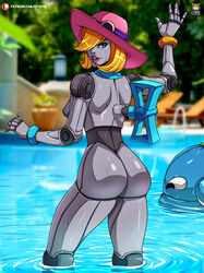 1girls android ass blue_eyes innertube kyoffie league_of_legends looking_back nude nude_female orianna parts_exposed pool_party_orianna pool_party_series robot robot_joints swimsuit water winding_key windup_key yellow_hair rating:Explicit score:38 user:Chaozp