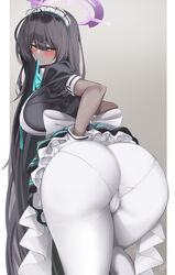 absurdres ahoge apron ass bangs bannou_ippoutsukou bent_over black_dress black_hair blue_archive blue_ribbon blush breasts cleaning_&_clearing_(blue_archive) dark_skin dress eyebrows_visible_through_hair female from_behind gloves grey_background halo headdress highres huge_ass in_mouth karin_(blue_archive) large_breasts long_hair looking_at_viewer looking_back maid maid_headdress millennium_science_school_logo_(blue_archive) millennium_science_school_student pantyhose pleated_dress puffy_short_sleeves puffy_sleeves ribbon short_sleeves simple_background solo thighs white_apron white_gloves white_headdress white_legwear yellow_eyes rating:Questionable score:305 user:darkcrystal35