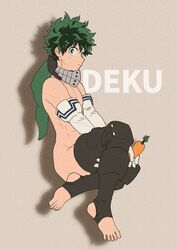 1boy bare_shoulders bottomless carrot elbow_gloves feet femboy freckles gloves green_eyes green_hair izuku_midoriya male male_only mask my_hero_academia simple_background solo toeless_legwear toes toned topless rating:Questionable score:64 user:Raikagebee