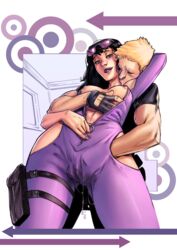 1boy 1girls bayushi black_hair blonde_hair blush breasts brunette clint_barton fingerless_gloves from_below hands_in_pants hawkeye kate_bishop kissing kissing_neck light-skinned_female light-skinned_male long_hair looking_at_viewer marvel marvel_comics nail_polish nipples older_male older_man_and_teenage_girl simple_background smile straight sunglasses_on_head teenager unzipped unzipped_bodysuit unzipping wet wet_pussy rating:Explicit score:174 user:vaizard