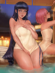 2girls alternate_breast_size big_breasts black_hair breasts cleavage female_only hot_spring huge_breasts hyuuga_hinata kittew large_breasts looking_at_viewer naked_towel naruto onsen partially_submerged pink_hair sakura_haruno short_hair sitting small_breasts towel towel_only very_long_hair voluptuous water rating:Questionable score:409 user:TheKindHaremMaster