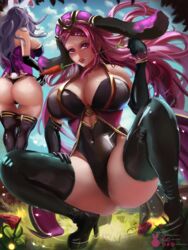 2girls alternate_costume ass back_view bare_thighs big_ass big_breasts bubble_butt bunny_ears bunny_girl bunnysuit camilla_(fire_emblem) camilla_(spring)_(fire_emblem) easter female_only fire_emblem fire_emblem_fates fire_emblem_heroes kneeling large_ass loki_(fire_emblem) loki_(spring)_(fire_emblem) maroon_eyes maroon_hair miraihikari purple_hair spring squatting voluptuous wavy_hair rating:Explicit score:81 user:vic1993