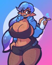 big_breasts brown_eyes fishnets freckles gemrazzled hoodie inkling oc octobrushing splatoon tentacle_hair thick_thighs rating:Questionable score:62 user:carl1525