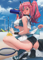 1girls ass azur_lane bare_shoulders beach blurry bow breasts bremerton_(azur_lane) bremerton_(scorching-hot_training)_(azur_lane) commentary covered_erect_nipples day depth_of_field female full_body grey_hair hair_between_eyes hair_ornament hairbow hairclip heart heart_necklace highres large_breasts long_hair looking_back mhk_(mechamania) multicolored_hair net open_mouth outdoors pink_eyes pink_hair pulled_by_another shirt sidelocks skirt skirt_lift skirt_pull sleeveless sleeveless_shirt sports_uniform sportswear squatting streaked_hair tennis_uniform two-tone_shirt underboob x_hair_ornament rating:Questionable score:188 user:JesusIsWatching