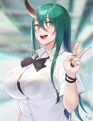 arknights big_breasts black_bra black_nail_polish black_nails bowtie bra bracelet bracelets busty cute green_hair horn hoshiguma_(arknights) huge_breasts long_hair no1 oni painted_nails peace_sign shirt smile smiling tagme white_shirt yellow_fur rating:Questionable score:63 user:Hantise