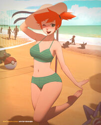 ;d asymmetrical_hair bare_arms bare_legs bare_shoulders barefoot beach bikini bulbasaur clavicle day feet female freckles green_bikini green_eyes green_swimsuit hat high_resolution kasumi_(pokemon) legs looking_at_viewer looking_back navel nintendo ocean one_arm_up one_eye_closed open_mouth orange_hair outdoors outstretched_arm outstretched_hand patreon_username pikachu pokémon_(species) pokemon pokemon_rgby ponytail red_hair sand short_hair side_ponytail silhouette sillygirl sinner smile solo_focus squirtle standing standing_on_one_leg starmie stomach striped striped_bikini striped_swimsuit sun_hat swimsuit tied_hair volleyball_net water watermark web_address wink rating:Questionable score:137 user:Misty_lover