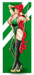 1girls 2d boots cosplay crossover crossover_cosplay fit_female green_eyes high_heel_boots high_heels huge_breasts jade_(mortal_kombat) jade_(mortal_kombat)_(cosplay) long_hair looking_at_viewer mortal_kombat ponytail pyrrha_nikos red_hair rwby staff thigh_boots voluptuous xlth rating:Questionable score:44 user:TheKindHaremMaster