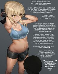 1boy 1futa artoria_pendragon artoria_pendragon_(alter) ball_bulge balls balls_under_clothes big_balls big_penis blonde_hair bow breasts bulge caption cheating clothed clothing cucked_by_futa cuckold cuckquean dickgirl elzikyuchi english_text fate/grand_order fate/stay_night fate/zero fate_(series) flaccid futa_focus futa_on_male futadom futadom_caption futanari gloves human intersex large_breasts male malesub netorare ntr pale_skin partially_clothed penis penis_bulge penis_under_clothes shorts solo_focus standing text wide_hips workout_clothes rating:Explicit score:773 user:Nestvr9000