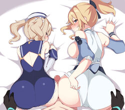 1boy 2girls aether_(genshin_impact) ass ass_grab back backside barbara_(genshin_impact) barbara_(summertime_sparkle)_(genshin_impact) bed bent_over big_ass big_breasts big_butt blonde_hair blue_eyes blush breasts bubble_butt buttjob clothed_female clothed_female_nude_male curvy double_buttjob erection female femsub genshin_impact gloves hat jean_gunnhildr jean_gunnhildr_(sea_breeze_dandelion) kneeling kumasteam large_breasts long_hair looking_back male male_pov nun on_bed penis penis_between_ass pov pov_eye_contact shimaidon sisters size_difference threesome twintails uncensored wide_hips rating:Explicit score:885 user:Bikuta69