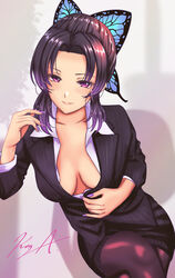 1girls alternate_costume artist_signature blouse breasts breasts_apart business_suit butterfly_hair_ornament cleavage collared_blouse collared_shirt dark_hair demon_slayer eyelashes female female_only formal hi_res kimetsu_no_yaiba kochou_shinobu koya_x_00_(artist) lipstick looking_at_viewer makeup nail_polish office_lady open_shirt plunging_neckline purple_eyes shirt solo stockings suit unbuttoned_shirt wing_collar rating:Questionable score:224 user:janpawel0103