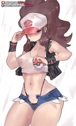 1girls baseball_cap black_panties black_underwear black_vest black_wristband blue_shorts breasts brown_hair clavicle cleavage closed_mouth covered_erect_nipples crop_top cutoffs denim denim_shorts female girlsay grey_background hands_up hat hi_res high_ponytail highleg highleg_panties hilda_(pokemon) holding holding_object holding_poke_ball large_breasts long_hair micro_shorts midriff navel nintendo open_fly panties panty_lift pink_headwear poke_ball pokemon pokemon_bw print_headwear shiny shiny_skin shirt shorts sidelocks sleeveless sleeveless_shirt solo stomach taut_clothes taut_shirt unbuttoned underwear unzipped vest white_background white_headwear white_shirt wide_hips wristband rating:Questionable score:171 user:WatchTheLanguage