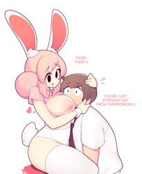 1boy 1girls areolae black_eyes breasts breasts_out brown_hair bunny_ears bunny_girl bunny_tail clothing dialogue english_text female fiz fizintine head_between_breasts head_hug heart hi_res huge_breasts hugging looking_at_partner male necktie nipples pink_hair shirt simple_background text thick_thighs thighhighs white_background white_thighhighs wholesome wrist_cuffs rating:Explicit score:479 user:!nner$elf89