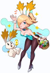 1girls alternate_costume basket blonde_hair blue_eyes blue_leotard bowtie bunny bunny_ears bunnysuit detailed_background earrings easter easter_egg egg eyelashes fishnet_stockings fishnets hair_over_one_eye headwear hi_res high_heels leotard light-skinned_female light_skin lipstick looking_at_viewer mario_(series) neckerchief nintendo ponytail princess_rosalina sarukaiwolf star_bunny star_bunny_(cosplay) star_earrings stockings super_mario_galaxy watermark wrist_cuffs yellow_ears rating:Questionable score:157 user:Slimey_