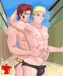 2boys abs bara beard black_eyes blonde_hair blue_eyes boruto:_naruto_next_generations brown_hair bulge dilf erect_nipples facepaint facial_hair gay hand_behind_head inuzuka_kiba jockstrap latibello light-skinned_male light_skin looking_at_viewer male male/male male_only mature mature_male muscular muscular_male naruto naruto:_the_last naruto_(series) naruto_shippuden nipples pecs short_hair standing stubble toned twink uzumaki_naruto whisker_markings whiskers yaoi yellow_hair rating:Explicit score:30 user:kurosara