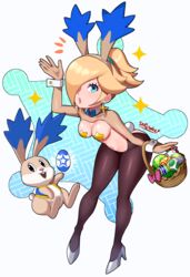 1girls alternate_costume basket belly blonde_hair blue_ears bowtie breasts bunny bunny_ears bunnysuit detailed_background earrings easter easter_egg egg eyelashes fishnet_stockings fishnets hair_over_one_eye headwear hi_res high_heels inverted_costume jacket light-skinned_female light_skin lipstick looking_at_viewer mario_(series) medium_breasts navel neckerchief nintendo pasties ponytail princess_rosalina reverse_bunnysuit reverse_outfit sarukaiwolf shrug_(clothing) star_bunny star_bunny_(cosplay) star_earrings star_pasties stockings super_mario_galaxy watermark wrist_cuffs rating:Explicit score:167 user:Slimey_