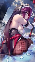 1girls ass backless_outfit bangs bare_shoulders big_breasts breasts cloud dress elbow_gloves female fishnet_legwear fishnets genshin_impact gloves hizake holding holding_weapon in_profile kashu_(hizake) large_breasts long_hair looking_at_viewer looking_back nun pelvic_curtain polearm purple_eyes purple_hair red_hair rosaria_(genshin_impact) sideboob sitting sky slime slime_(genshin_impact) slime_monster solo spear vampire veil weapon white_dress white_gloves rating:Questionable score:321 user:Trux