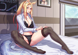 ahri black_panties blonde_hair blue_eyes blush dress_shirt facial_markings gonster k/da_ahri k/da_series league_of_legends no_pants open_clothes open_shirt panties riot_games stockings tagme thighhighs undressing rating:Questionable score:109 user:AbsoluteTerritory