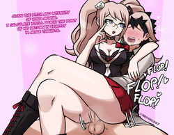 1boy 1girls blue_eyes blush boots bra bra_cups_sticking_out cleavage clothed crossed_legs crossed_legs_thighjob danganronpa dialogue drooling favorite female femdom glasses gyaru imminent_orgasm junko_enoshima kogal legs_crossed long_hair male malesub mosbles outercourse picot_trim picot_trim_bra saliva skirt slq smooth_skin straight sweat text thigh_sex twintails rating:Explicit score:621 user:MegaMoo