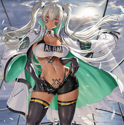 1girls alabama_(azur_lane) armband astorea azur_lane bandeau bangs bikini bikini_top bikini_under_clothes black_bikini black_gloves black_legwear black_shorts body_markings bodypaint breasts cleavage closed_mouth clothes_writing cloud cloudy_sky coat coat_on_shoulders collarbone commentary_request cowboy_shot dark-skinned_female dark_skin day detached_collar elbow_gloves facial_mark female floating_hair gloves groin hair_between_eyes highleg highleg_bikini jacket jacket_on_shoulders large_breasts long_coat long_hair long_sleeves looking_at_viewer midriff native_american navel ocean open_clothes open_fly open_shorts outdoors pubic_tattoo railing red_eyes short_shorts shorts sidelocks skindentation sky snap-fit_buckle solo standing strapless sunlight swimsuit tattoo taut_clothes thighhighs thighs torn_coat tubetop twintails undressing very_long_hair whisker_markings white_coat white_hair white_jacket white_tubetop rating:Questionable score:105 user:kris923