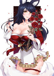 1girls ahri black_hair fluffy_tail fox_ears fox_tail huge_breasts kitsune kumiho league_of_legends pmolita_(artist) rose_(flower) short_dress smile tail thick_thighs wide_hips yellow_eyes rating:Explicit score:32 user:AnonySun