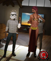 1girls 2boys 3d babysitter bikini bondage cosplay costume gag gagged helmet kidnapped living_room lucasfilm navel_piercing patreon patreon_username princess_leia_organa red_hair slave_leia star_wars stormtrooper tape_gag taped_nipples weapon x_pasties xschlumpf rating:Explicit score:11 user:XSchlumpf