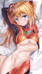 @shun arm_up armpits ass_visible_through_thighs asuka_langley_sohryu blonde_hair blue_eyes blush breasts clothing female highres interface_headset long_hair looking_at_viewer lying medium_breasts midriff midriff_peek navel neon_genesis_evangelion on_back plugsuit revealing_layer shun skin_tight solo stomach twintails underboob rating:Explicit score:56 user:bot