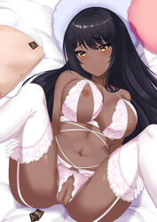 1girls artist_request belly_button black_hair blue_archive blush blushing blushing_at_viewer censored_pussy condom_wrapper dark-skinned_female dark_skin female karin_(blue_archive) karin_kakudate large_breasts lingerie long_hair looking_at_viewer millennium_science_school_student nipples shinalpha smile smiling smiling_at_viewer solo solo_female spread_legs white_lingerie wide_hips yellow_eyes rating:Explicit score:128 user:minecrafftcreeper