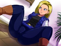 android_18 blonde_hair blue_eyes blush boots denim_jacket dragon_ball dragon_ball_z earrings female fully_clothed jewelry latex pantyhose raburebo solo spread_legs rating:Explicit score:196 user:Rando_Guy