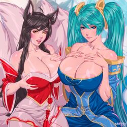 2girls ahri arttoru blue_hair large_breasts league_of_legends nipple_peek sona_buvelle tagme rating:Questionable score:244 user:JesusIsWatching