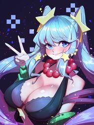 arcade_series arcade_sona blue_eyes blue_hair blush breasts female huge_breasts league_of_legends peace_sign sona_buvelle tied_hair yabby rating:Questionable score:119 user:Valley