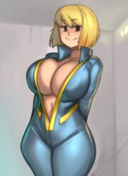 1girls areola belly_button bethesda_softworks big_breasts bimbo blonde_hair breasts cleavage clothed clothing fallout fallout_(series) female female_focus female_only huge_breasts kelvin_hiu light-skinned_female light_skin mob_face navel no_bra short_hair smile smiling solo solo_female solo_focus unzipped_bodysuit vault_girl vault_meat vault_suit rating:Questionable score:623 user:Pinka