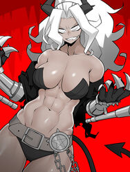 1girls 2020 abs armband asha bare_shoulders belt black_horn black_jacket black_panties breasts chains cleavage dark-skinned_female dark_skin demon_girl demon_horns demon_tail gauntlets helltaker highres horn jacket judgement_(helltaker) large_breasts muscular navel pentagram ponytail red_background sharp_teeth simple_background solo tail teeth thigh_gap toned underwear white_eyes white_hair rating:Questionable score:128 user:Pastel__Hentai