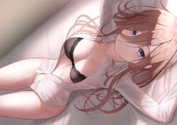 1girls bangs bed big_breasts black_bra blue_eyes blush bottomless bra brown_hair closed_eyes collarbone dutch_angle female female_only from_above go-toubun_no_hanayome hair_between_eyes hi_res indoors large_breasts lingerie long_hair long_sleeves looking_at_viewer lying lying_on_back marinesnow nakano_miku no_panties on_back on_bed open_clothes shirt shirt_only smile solo thighs underwear white_shirt rating:Questionable score:194 user:UnrealHarbor