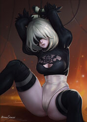 1girls android arms_up aroma_sensei blindfold bondage breasts cameltoe child_bearing_hips cleavage curvy emotionless expressionless female full-large_breasts leotard nier nier:_automata panties realistic robot robot_girl solo spread_legs thighhighs wide_hips yorha_2b rating:Questionable score:156 user:HentaiEnthusiast69