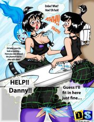 2girls ass big_ass big_breasts black_hair blue_hair breast_grab breasts chesare comic danny_phantom drawn-sex.com ember_mclain english_text female female_only nickelodeon purple_stockings pussy sam_manson speech_bubble tagme text yuri rating:Explicit score:20 user:mmay