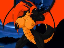 4:3 anthro bahamut_(final_fantasy) black_skin breasts claws closed_mouth color female female_only final_fantasy front_view hair hand_behind_head hand_on_breast horns long_hair mobius1 muscles night nipples open_eyes orange_eyes orange_nipples orange_skin outdoors raised_tail red_hair rule_63 sky solo standing tail vulva water wings rating:Explicit score:8 user:bot