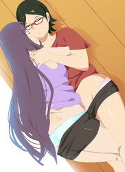 2girls against_wall ass ass_cleavage bike_shorts black_hair booty_shorts boruto:_naruto_next_generations butt butt_crack closed_eyes clothed clothing cuddling embrace female female_focus female_only fully_clothed glasses green_panties hugging kakei_sumire legs lesbian lickliking long_hair naruto naruto_(series) outside pale-skinned_female pale_skin panties panties_down pink_panties purple_hair sarada_uchiha shirt short_hair short_shorts shorts shorts_down shoulder_length_hair shounen_jump smile standing t-shirt tank_top teenager thighs undressing voluptuous yuri rating:Questionable score:143 user:Dravenfact