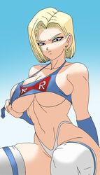 1girls alternate_costume android android_18 angry armwear bare_shoulders big_breasts blonde_hair blue_background blue_eyes breasts cleavage clothing collarbone crop_top curvy dragon_ball dragon_ball_super dragon_ball_z earrings elitenappa eyelashes eyeliner female female_focus female_only frown g-string gradient_background highleg_panties highres hips humanoid jewelry large_breasts legwear looking_at_viewer makeup medium_hair navel panties pinup revealing_clothes shounen_jump sideboob sitting skimpy skindentation solo solo_female tank_top thighhighs thighs thong underboob underwear voluptuous rating:Explicit score:343 user:ZappaTrappa