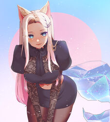 1girls ahri blue_eyes candyclysm facial_markings female female_only fox_ears k/da_ahri k/da_series large_breasts league_of_legends long_hair tail rating:Explicit score:66 user:Umbra_sky