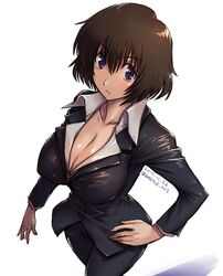 1girls amania_orz big_breasts black_hair blood_blockade_battlefront blouse bob_cut breasts chain_sumeragi cleavage clothed erect_nipples female female_only formal formal_attire formal_clothes formal_wear girl_in_suit image kekkai_sensen long_sleeves looking_at_viewer nipple_bulge shirt short_hair suit woman_in_suit rating:Safe score:65 user:deleted6316