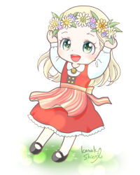  apron aqua_eyes blonde_hair blush chibi dress female full_body head_wreath kanakisiori long_hair mary_janes midsummer open_mouth original red_dress shoes signature smile sweden swedish_clothes waist_apron  rating:questionable score: user:bot