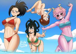 4girls beach bikini black_hair blue_bikini blue_sky blush breasts brown_hair cleavage echosaber female female_only floating green_bikini green_hair grin large_breasts looking_at_viewer mina_ashido momo_yaoyorozu my_hero_academia ocean ochako_uraraka peace_sign pink_hair pink_skin red_bikini short_hair short_pink_hair shounen_jump shy_smile smile summer tongue_out tsuyu_asui white_bikini rating:Questionable score:429 user:DungeonMan