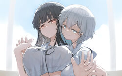 2girls big_breasts black_hair blue_eyes bob_cut brown_eyes embrace genek holding_hands hug hug_from_behind long_hair smiling smiling_at_viewer white_hair rating:Questionable score:17 user:ThatFGuy