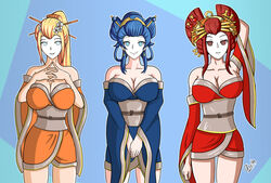 3girls @_@ alerith alternate_costume alternate_hairstyle bare_shoulders blonde_hair blue_eyes blue_hair blush brainwashing breasts cleavage crossover erza_scarlet fairy_tail female female_only femsub fire_emblem fire_emblem_awakening geisha geisha_hair geishafication happy_trance hypnosis japanese_clothes kimono large_breasts lucina_(fire_emblem) makeup metroid mind_control multiple_girls multiple_subs nintendo oiran post_transformation red_eyes red_hair samus_aran shimada_hairstyle shoulders smile spiral_eyes white_skin wide_hips rating:Explicit score:17 user:meriko